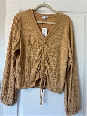 Olivia Sky Camel Ruched Drawstring V-Neck Long Sleeve Top